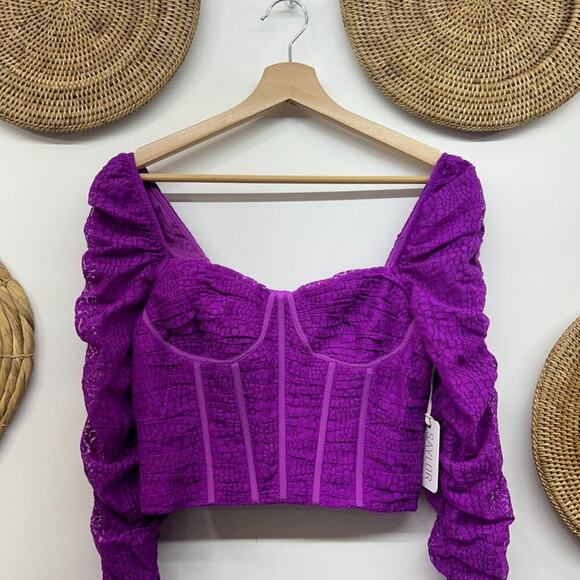 NEW SAYLOR Purple Cropped Lace Long Sleeve Corset Blouse Crop Top XS Feminine - Picture 4 of 9
